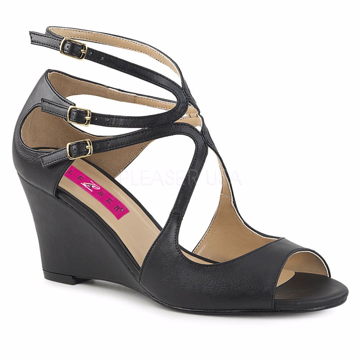 Product image of Pleaser Pink Label Kimberly-04 Black Faux Leather, 3 inch (7.6 cm) Wedge Sandal Shoes