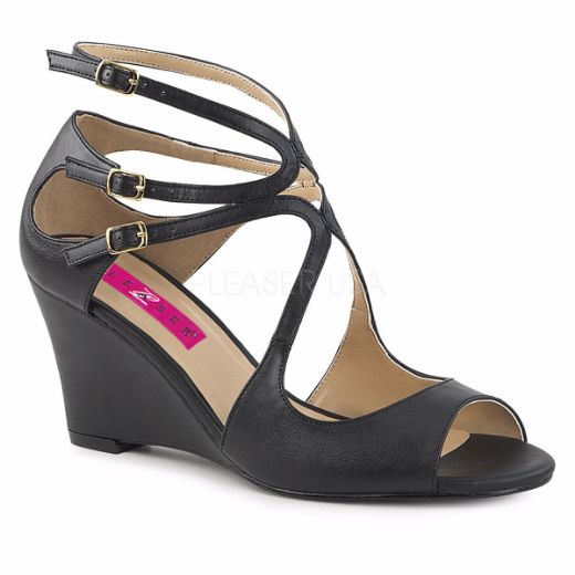 Product image of Pleaser Pink Label Kimberly-04 Black Faux Leather, 3 inch (7.6 cm) Wedge Sandal Shoes