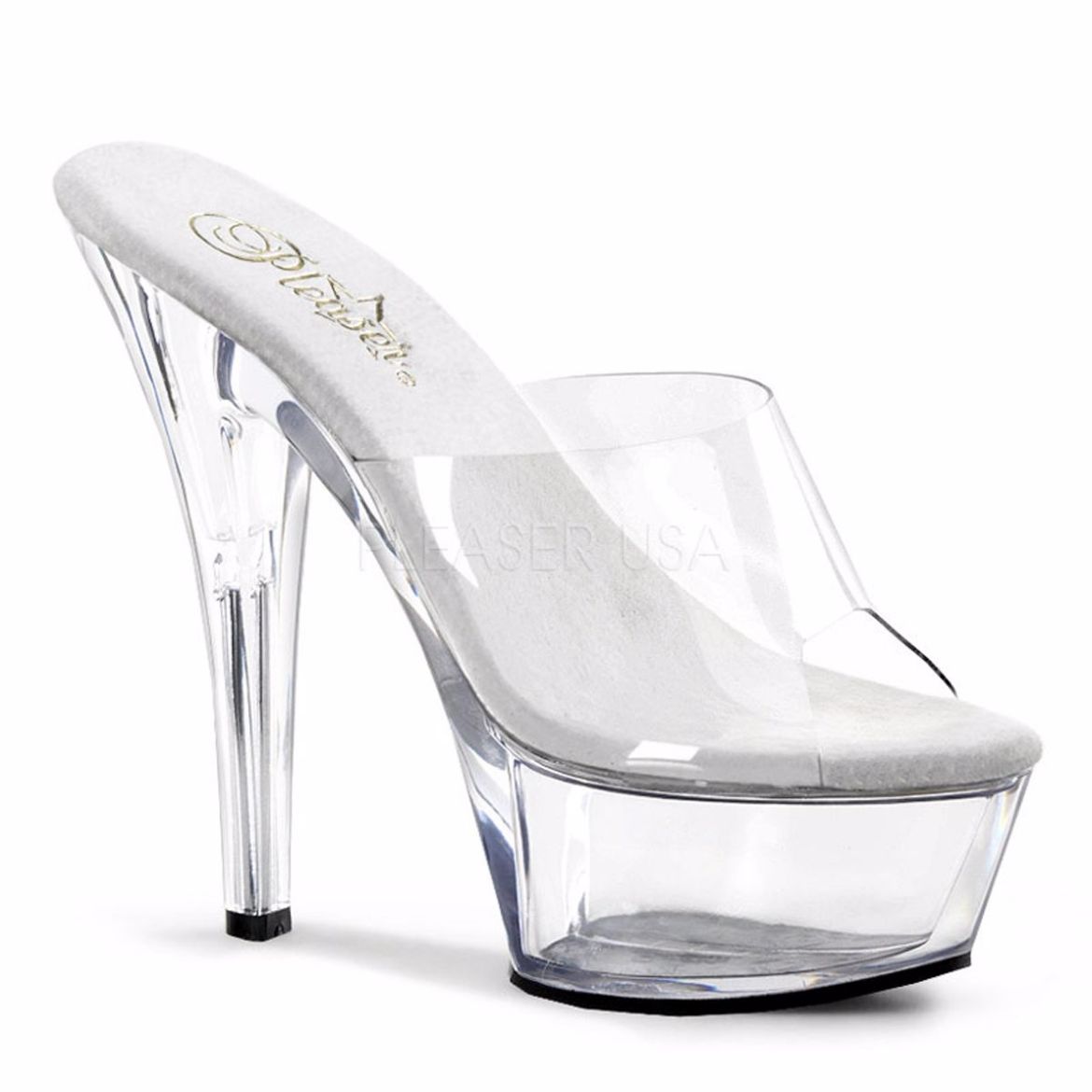 Product image of Pleaser Kiss-201 Clear/Clear, 6 inch (15.2 cm) Heel, 1 3/4 inch (4.4 cm) Platform Slide Mule Shoes