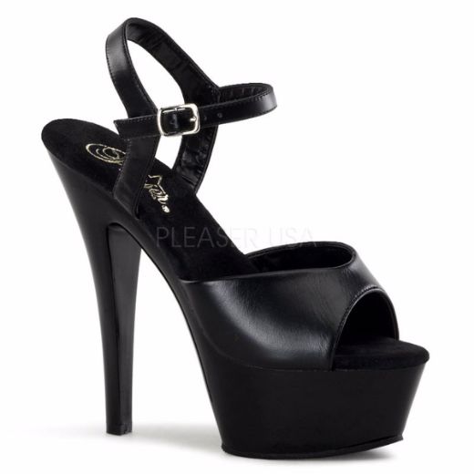 Product image of Pleaser Kiss-209 Black Leather/Black, 6 inch (15.2 cm) Heel, 1 3/4 inch (4.4 cm) Platform Sandal Shoes