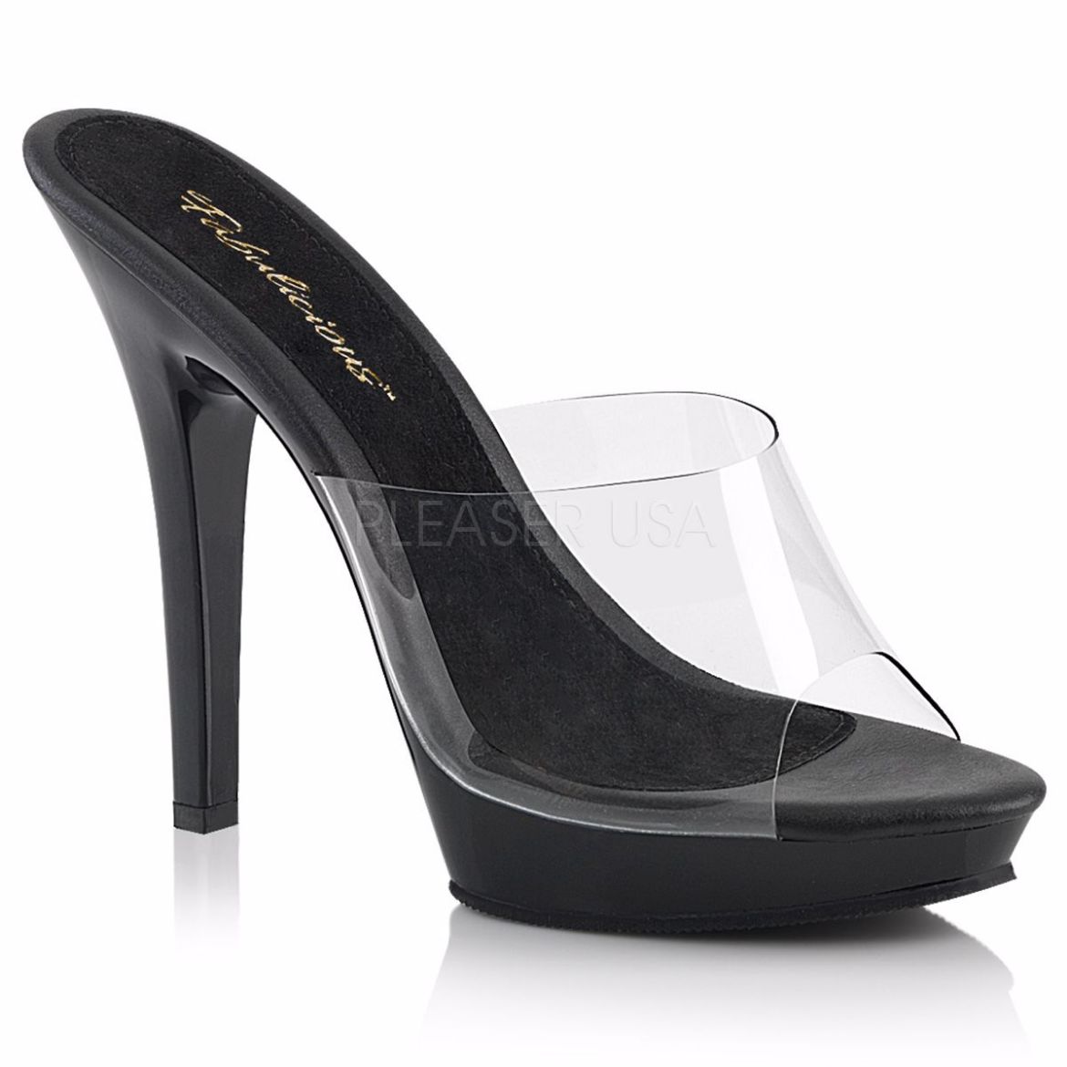 Product image of Fabulicious Lip-101 Clear/Black, 5 inch (12.7 cm) Heel, 3/4 inch (1.9 cm) Platform Slide Mule Shoes