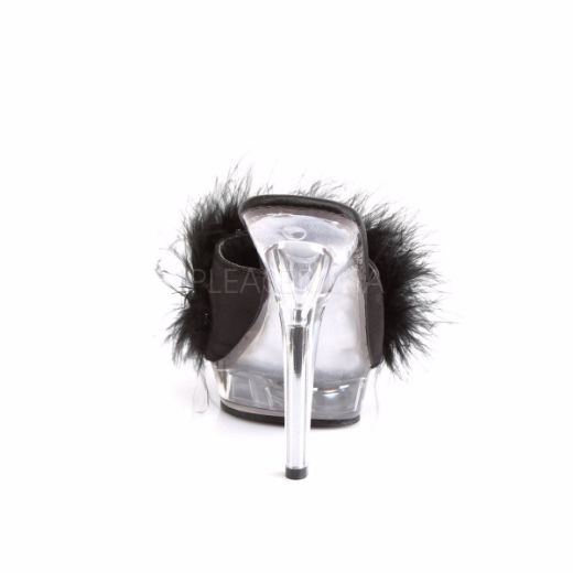 Product image of Fabulicious Lip-101-8 Black Satin-Fur/Clear, 5 inch (12.7 cm) Heel, 3/4 inch (1.9 cm) Platform Slide Mule Shoes