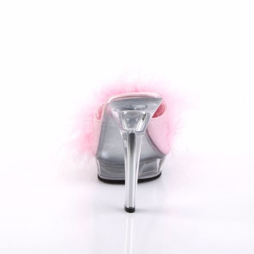 Product image of Fabulicious Lip-101-8 Baby Pink Satin-Fur/Clear, 5 inch (12.7 cm) Heel, 3/4 inch (1.9 cm) Platform Slide Mule Shoes