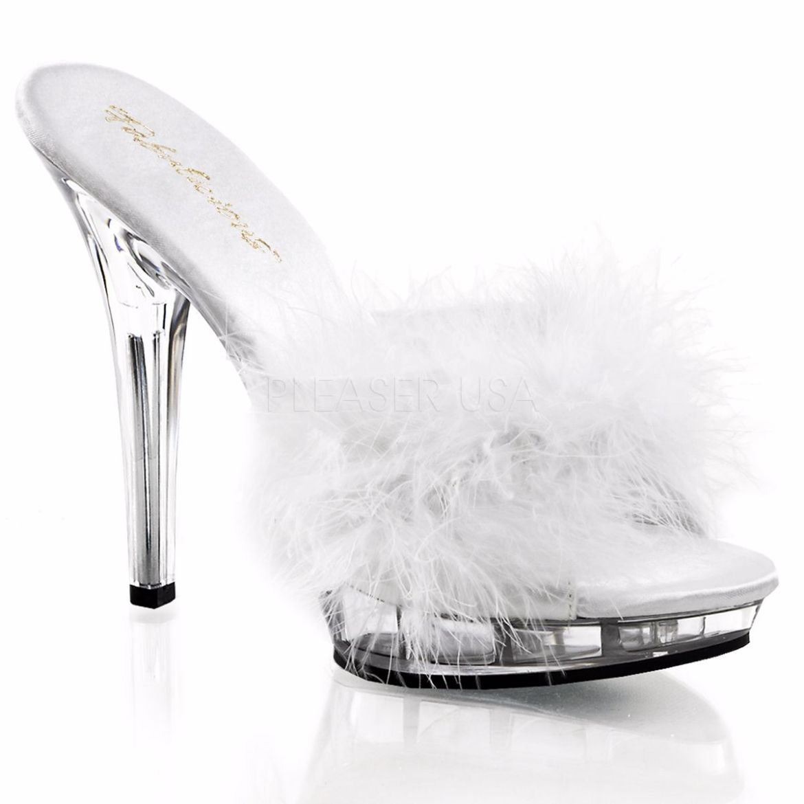 Product image of Fabulicious Lip-101-8 White Satin-Fur/Clear, 5 inch (12.7 cm) Heel, 3/4 inch (1.9 cm) Platform Slide Mule Shoes