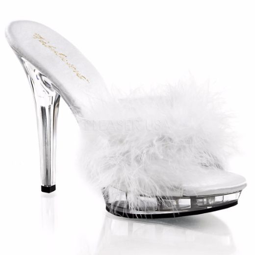 Product image of Fabulicious Lip-101-8 White Satin-Fur/Clear, 5 inch (12.7 cm) Heel, 3/4 inch (1.9 cm) Platform Slide Mule Shoes