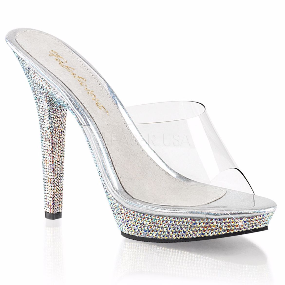 Product image of Fabulicious Lip-101Dm Clear/ Silver Multi Rhinestone, 5 inch (12.7 cm) Heel, 3/4 inch (1.9 cm) Platform Slide Mule Shoes