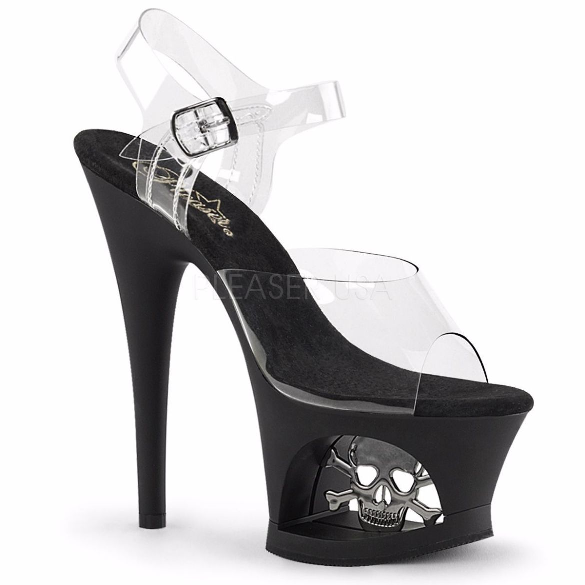 Product image of Pleaser Moon-708Sk Clear/Black Matte-Pewter, 7 inch (17.8 cm) Heel, 2 3/4 inch (7 cm) Platform Sandal Shoes