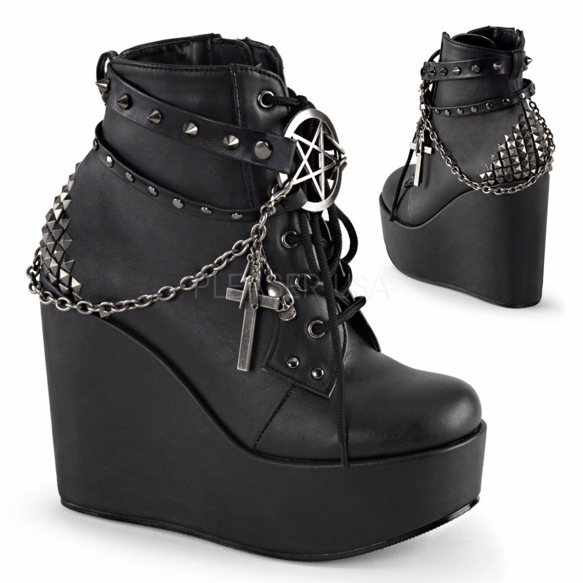Product image of Demonia Poison-101 Black Vegan Leather, 5 inch (12.7 cm) Wedge Platform Ankle Boot
