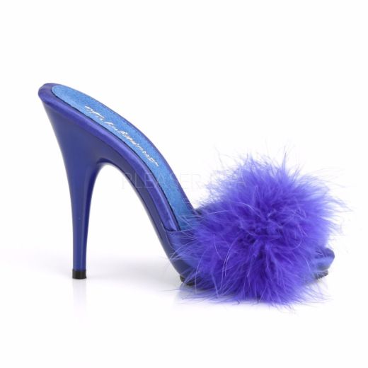 Product image of Fabulicious Poise-501F Blue Satin-Marabou Fur/Blue, 5 inch (12.7 cm) Heel, 3/8 inch (1 cm) Platform Sandal Shoes