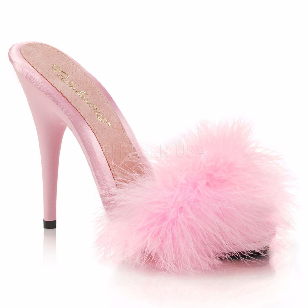 Product image of Fabulicious Poise-501F Baby Pink Satin-Marabou Fur/Baby Pink, 5 inch (12.7 cm) Heel, 3/8 inch (1 cm) Platform Sandal Shoes