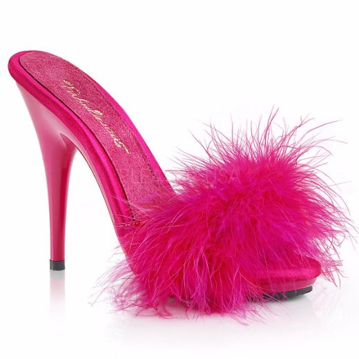 Product image of Fabulicious Poise-501F Hot Pink Satin-Marabou Fur/Hot Pink, 5 inch (12.7 cm) Heel, 3/8 inch (1 cm) Platform Sandal Shoes