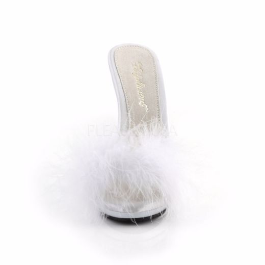Product image of Fabulicious Poise-501F White Satin-Marabou Fur/White, 5 inch (12.7 cm) Heel, 3/8 inch (1 cm) Platform Sandal Shoes