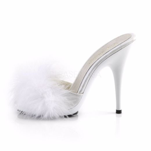 Product image of Fabulicious Poise-501F White Satin-Marabou Fur/White, 5 inch (12.7 cm) Heel, 3/8 inch (1 cm) Platform Sandal Shoes