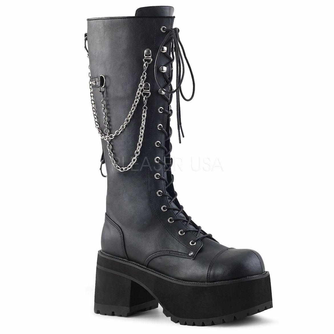 Product image of Demonia Ranger-303 Black Faux Leather, 3 3/4 inch (9.5 cm) Heel, 2 1/4 inch (5.7 cm) Platform Knee High Boot
