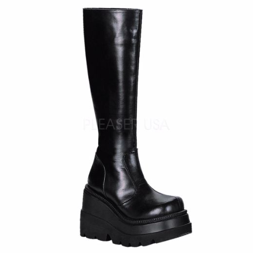 Product image of Demonia Shaker-100 Black Vegan Leather, 4 1/2 inch Platform Knee High Boot
