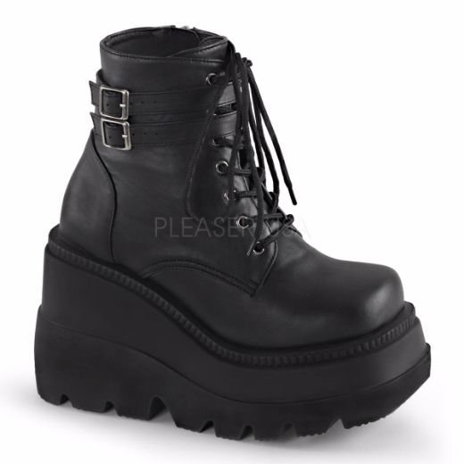 Product image of Demonia Shaker-52 Black Vegan Leather, 4 1/2 inch (11.4 cm) Wedge Platform Ankle Boot