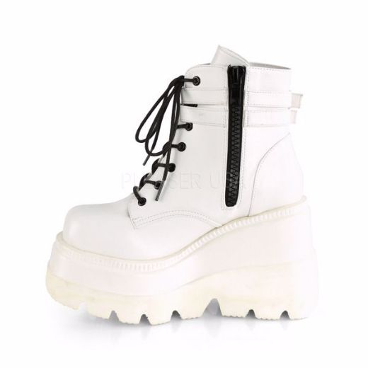 Product image of Demonia Shaker-52 White Vegan Leather , 4 1/2 inch (11.4 cm) Wedge Platform Ankle Boot
