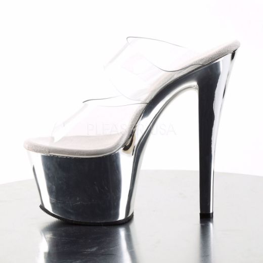 Product image of Pleaser Sky-302 Clear/Silver Chrome, 7 inch (17.8 cm) Heel, 2 3/4 inch (7 cm) Platform Slide Mule Shoes