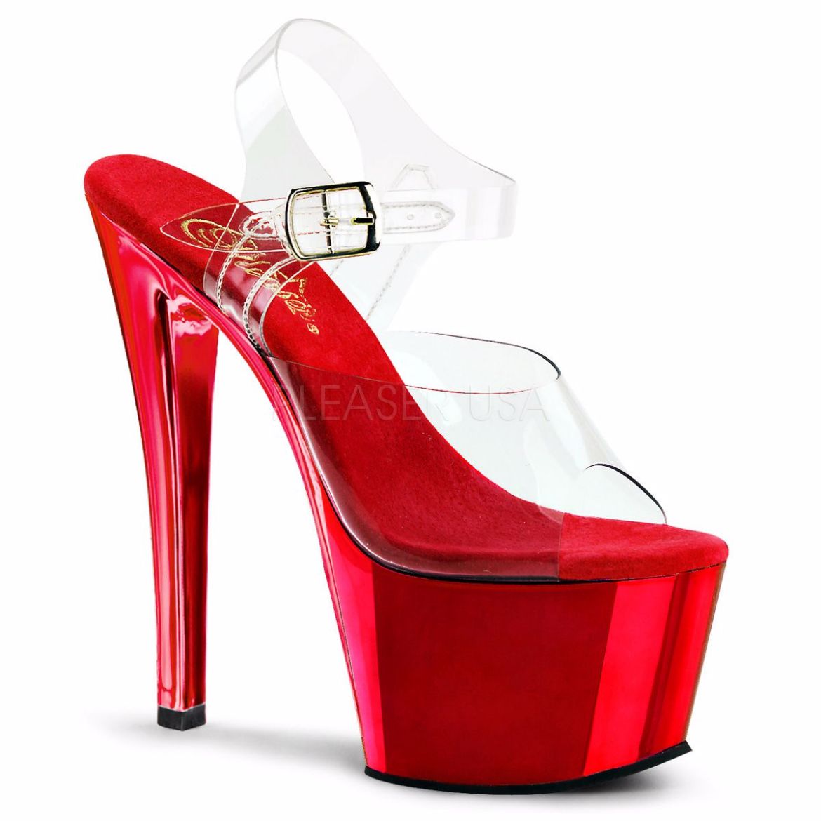 Product image of Pleaser Sky-308 Clear/Red Chrome, 7 inch (17.8 cm) Heel, 2 3/4 inch (7 cm) Platform Sandal Shoes