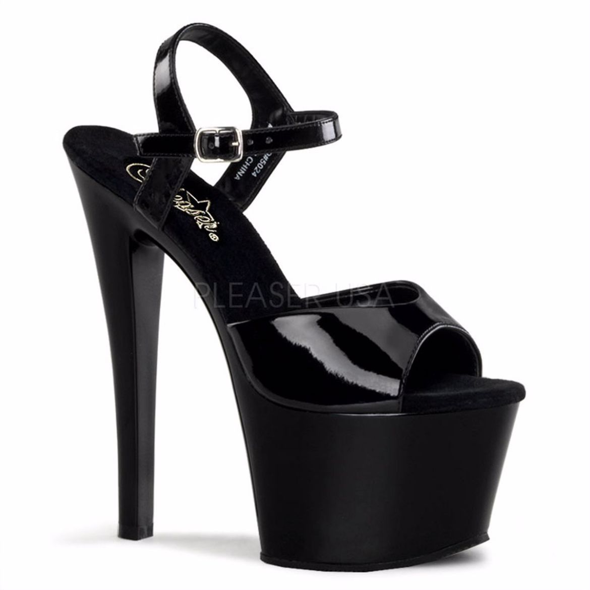 Product image of Pleaser Sky-309 Black Patent/Black, 7 inch (17.8 cm) Heel, 2 3/4 inch (7 cm) Platform Sandal Shoes