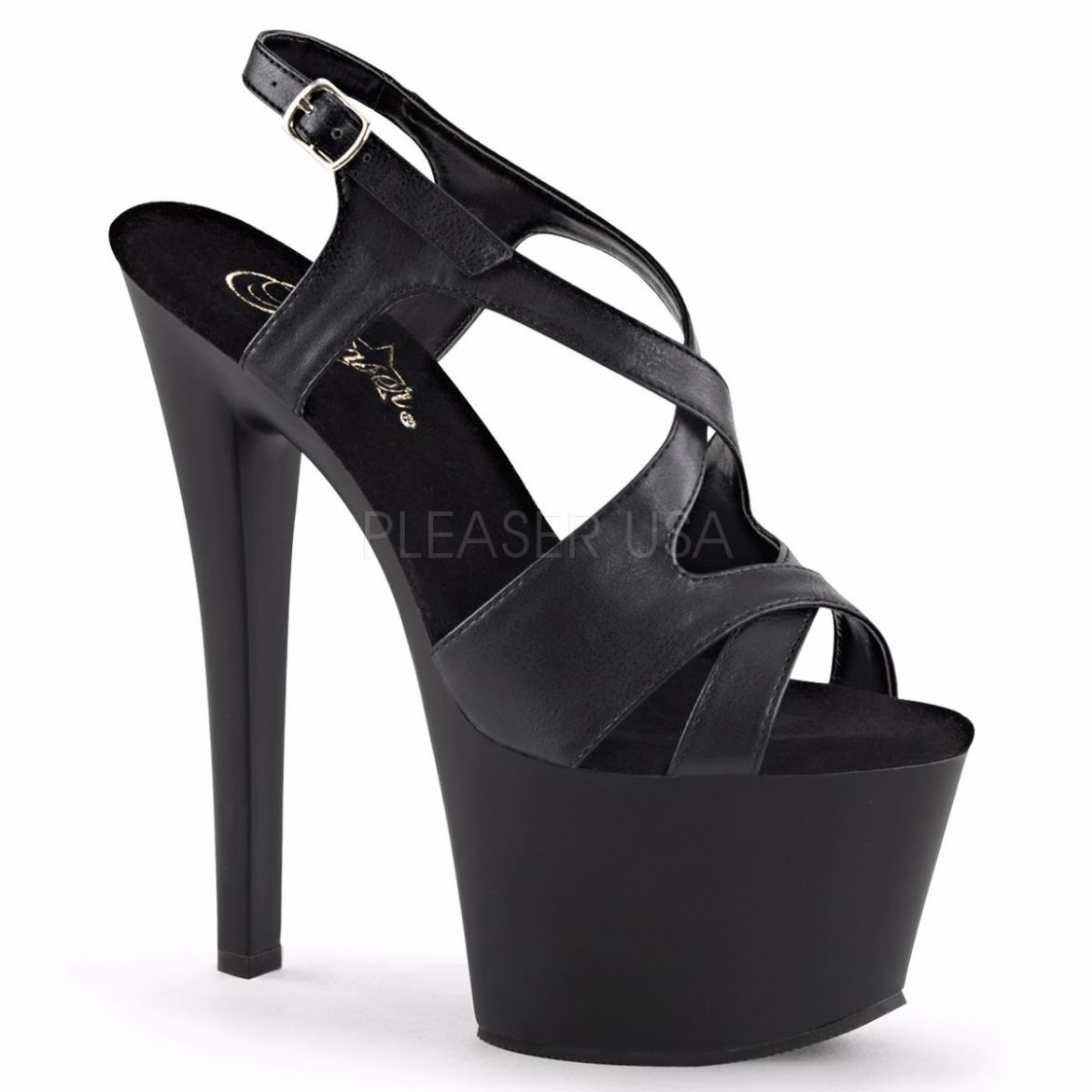 Product image of Pleaser Sky-330 Black Faux Leather/Black Matte, 7 inch (17.8 cm) Heel, 2 3/4 inch (7 cm) Platform Sandal Shoes