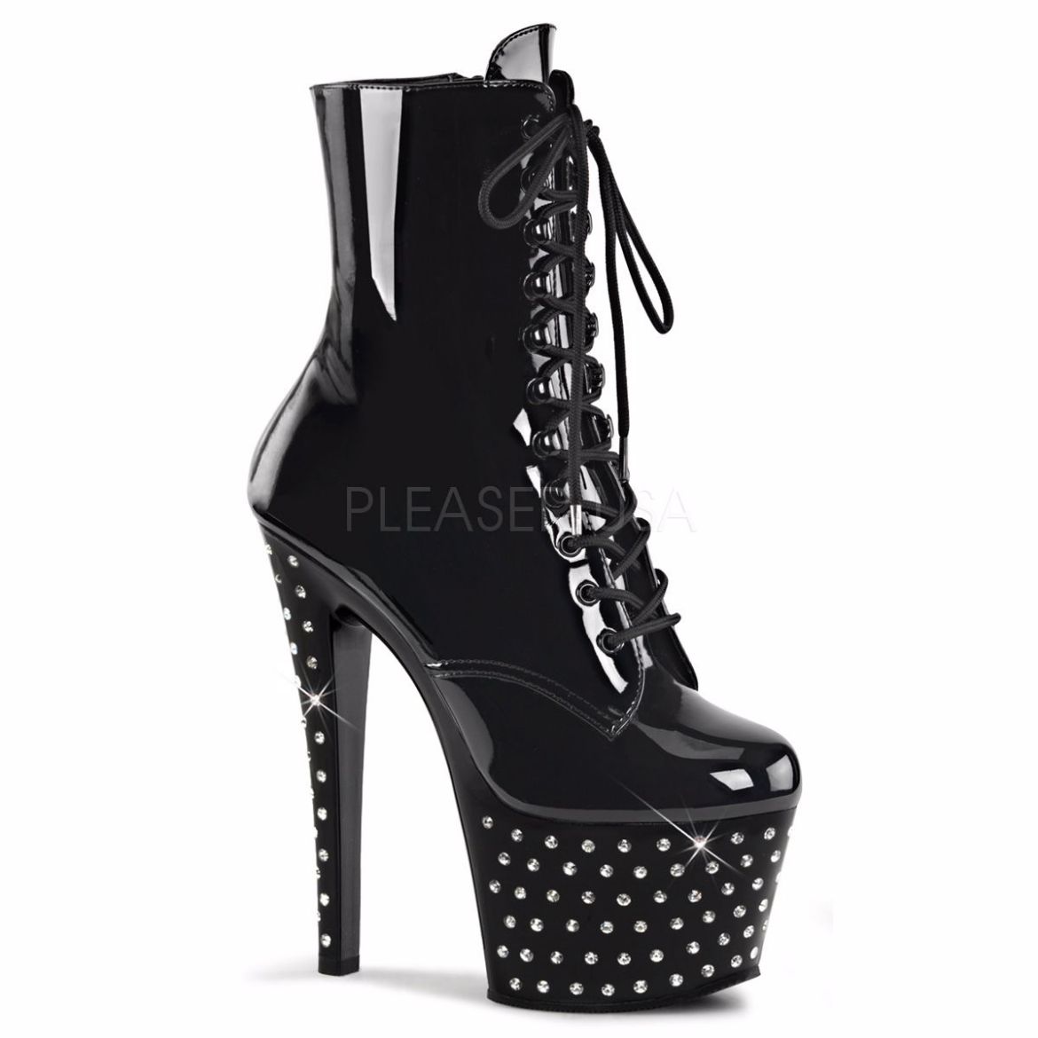 Product image of Pleaser Stardust-1020-7 Black/Black, 7 inch (17.8 cm) Heel, 2 3/4 inch (7 cm) Rhinestone Studded Platform Ankle Boot