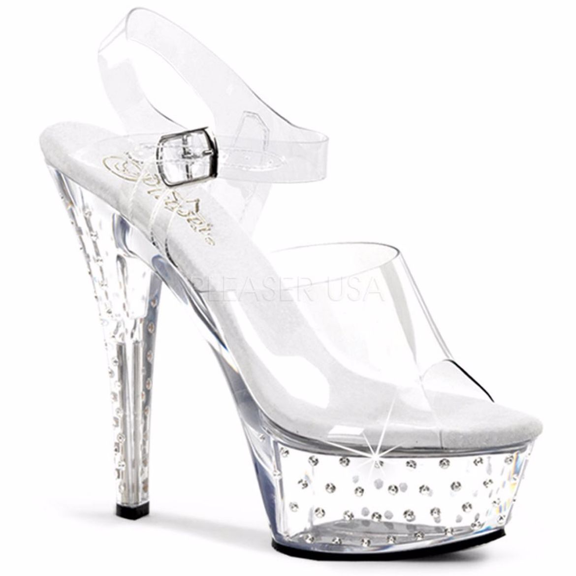 Product image of Pleaser Stardust-608 Clear/Clear, 6 inch (15.2 cm) Heel, 1 3/4 inch (4.4 cm) Platform Sandal Shoes