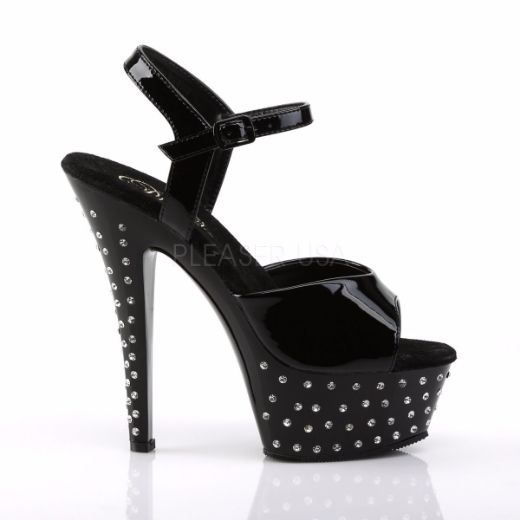Product image of Pleaser Stardust-609 Black Patent/Black, 6 inch (15.2 cm) Heel, 1 3/4 inch (4.4 cm) Platform Sandal Shoes
