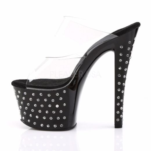 Product image of Pleaser Stardust-702 Clear/Black, 7 inch (17.8 cm) Heel, 2 3/4 inch (7 cm) Platform Slide Mule Shoes