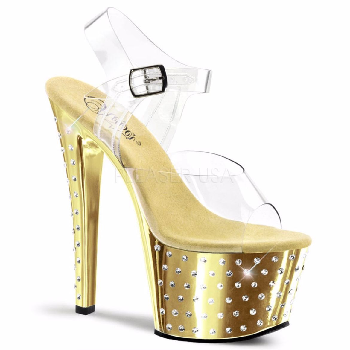 Product image of Pleaser Stardust-708 Clear/Gold Chrome, 7 inch (17.8 cm) Heel, 2 3/4 inch (7 cm) Platform Sandal Shoes