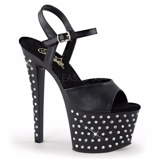 Product image of Pleaser Stardust-709 Black Faux Leather/Black Matte, 7 inch (17.8 cm) Heel, 2 3/4 inch (7 cm) Platform Sandal Shoes