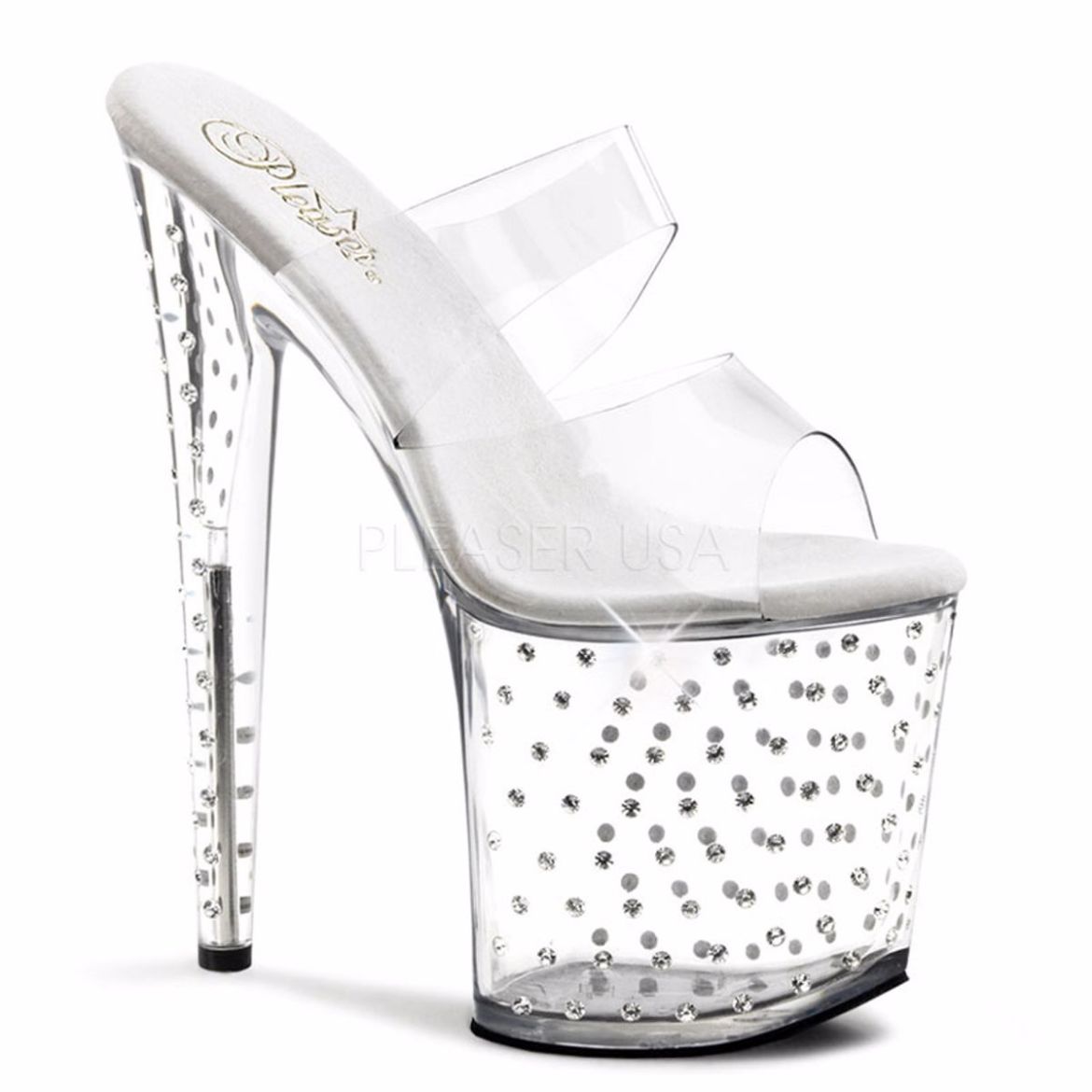 Product image of Pleaser Stardust-802 Clear/Clear, 8 inch (20.3 cm) Heel, 4 inch (10.2 cm) Platform Slide Mule Shoes