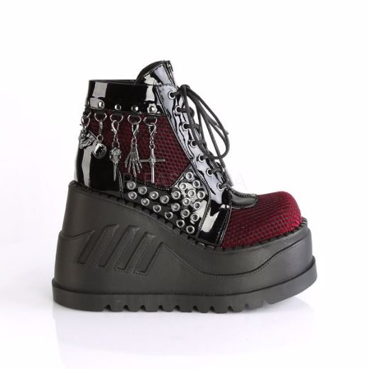 Product image of Demonia Stomp-18 Black Patent-Burgundy Velvet, 4 3/4 inch Platform Ankle Boot