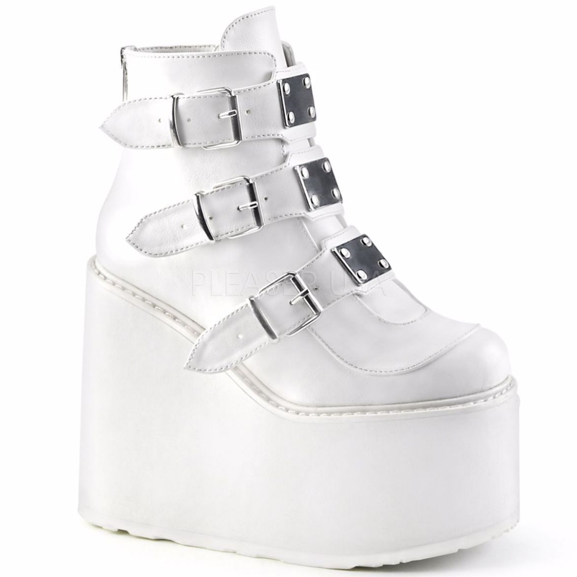 Product image of Demonia Swing-105 White Vegan Leather, 5 1/2 inch Platform Ankle Boot