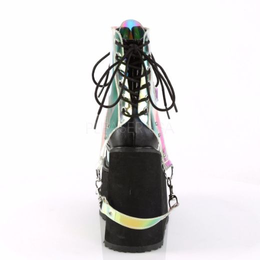 Product image of Demonia Swing-115 Black Vegan Leather-Patent-Clear Hologram Pvc, 5 1/2 inch Platform Ankle Boot