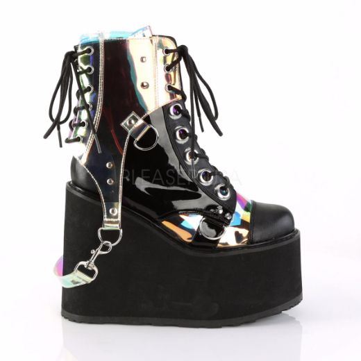 Product image of Demonia Swing-115 Black Vegan Leather-Patent-Clear Hologram Pvc, 5 1/2 inch Platform Ankle Boot