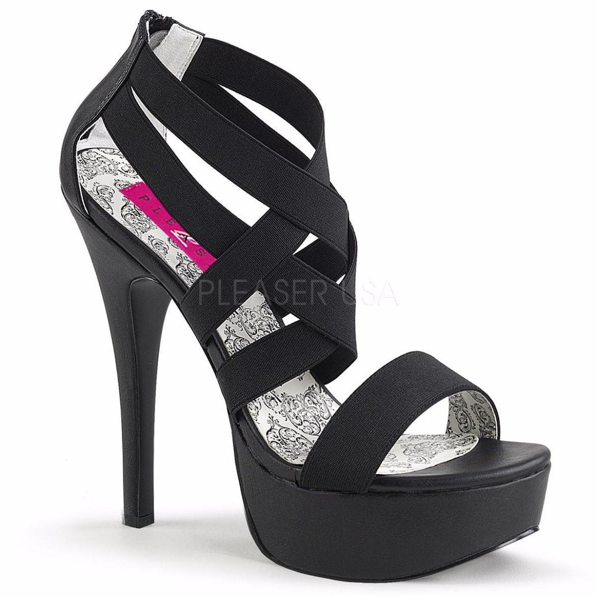 Product image of Pleaser Pink Label Teeze-47W Black Elasticated Band/Black, 5 3/4 inch (14.6 cm) Heel, 1 3/4 inch (4.4 cm) Platform Sandal Shoes