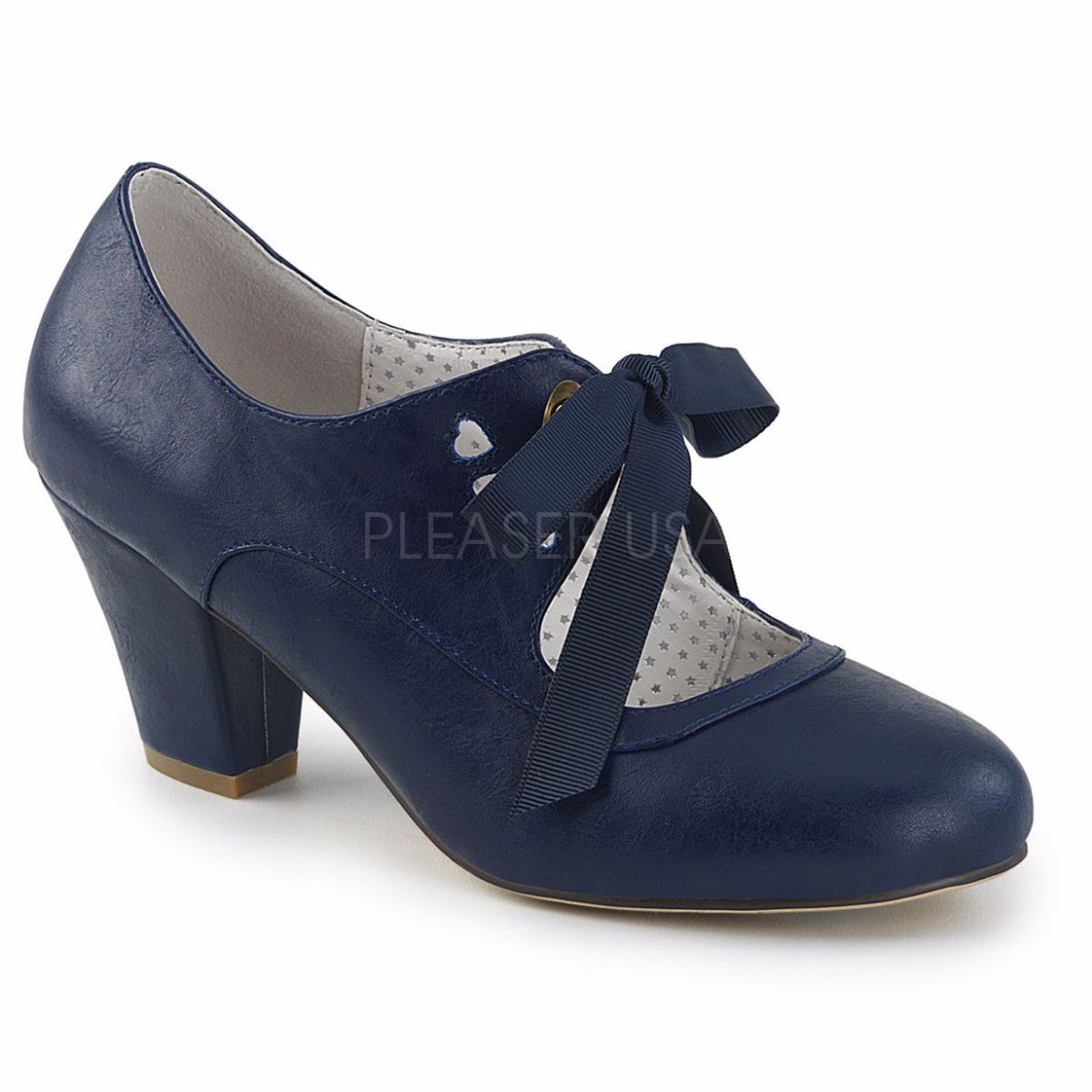 Product image of Pin Up Couture Wiggle-32 Navy Blue Faux Leather, 2 1/2 inch (6.4 cm) Cuben Heel Court Pump Shoes