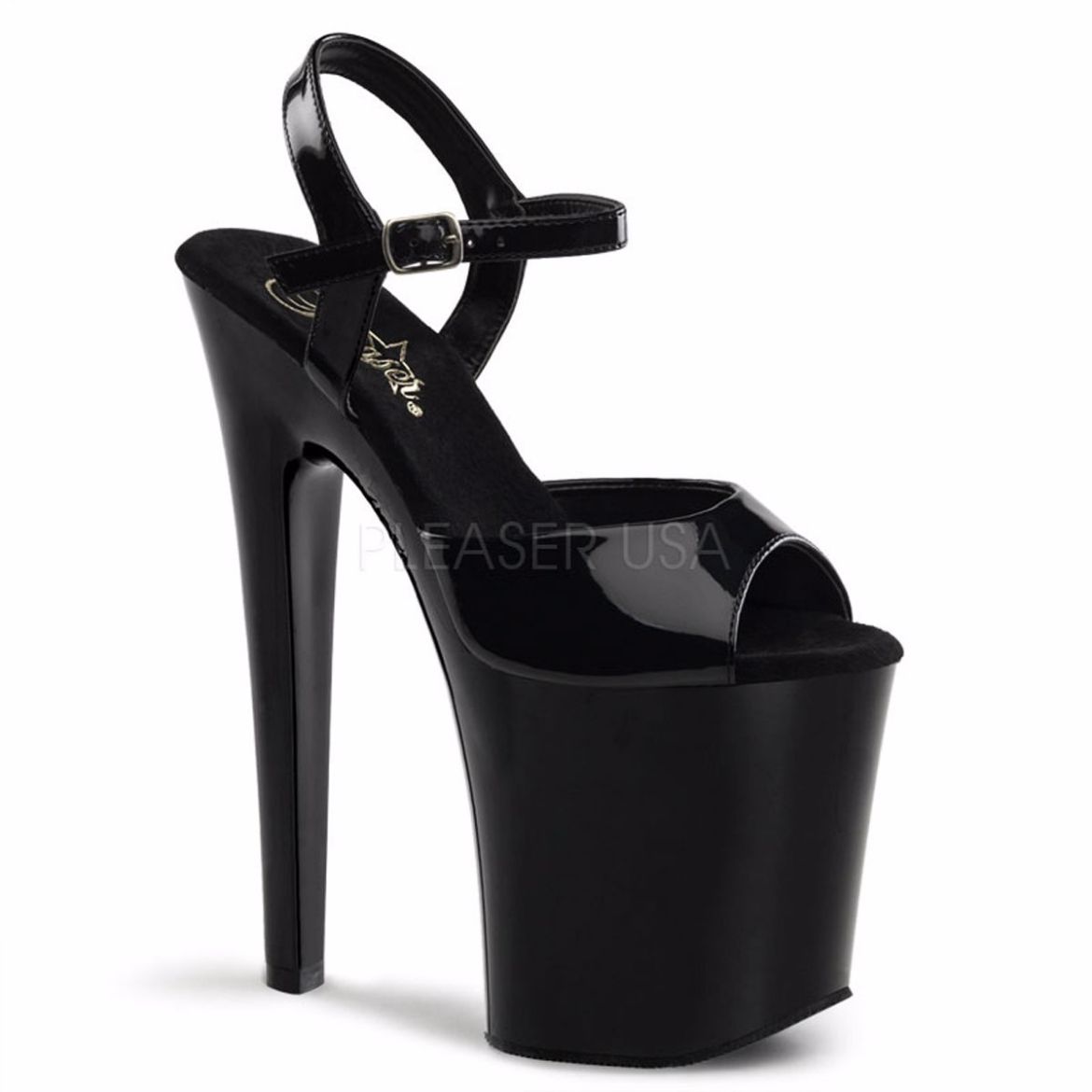 Product image of Pleaser Xtreme-809 Black Patent/Black, 8 inch (20.3 cm) Heel, 4 inch (10.2 cm) Platform Sandal Shoes