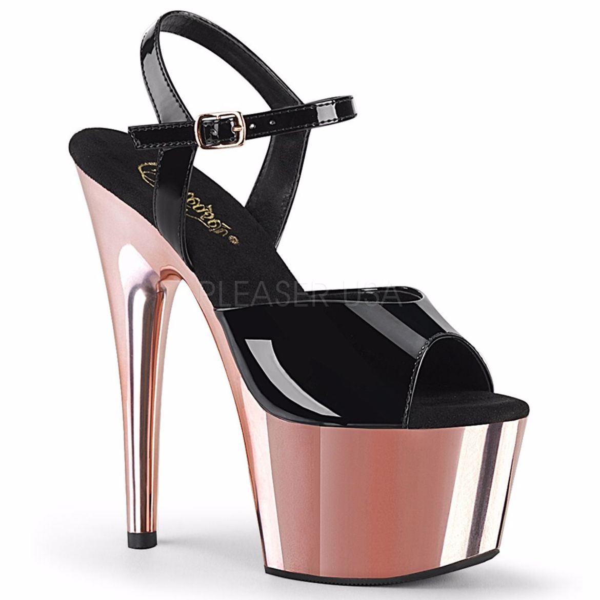 Product image of Pleaser ADORE-709 Black Patent/Rose Gold Chrome 7 inch (17.8 cm) Heel 2 3/4 inch (7 cm) Platform Ankle Strap Sandal Shoes