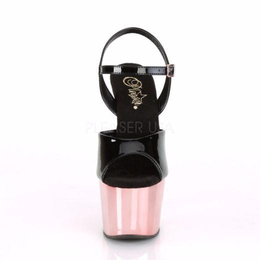 Product image of Pleaser ADORE-709 Black Patent/Rose Gold Chrome 7 inch (17.8 cm) Heel 2 3/4 inch (7 cm) Platform Ankle Strap Sandal Shoes
