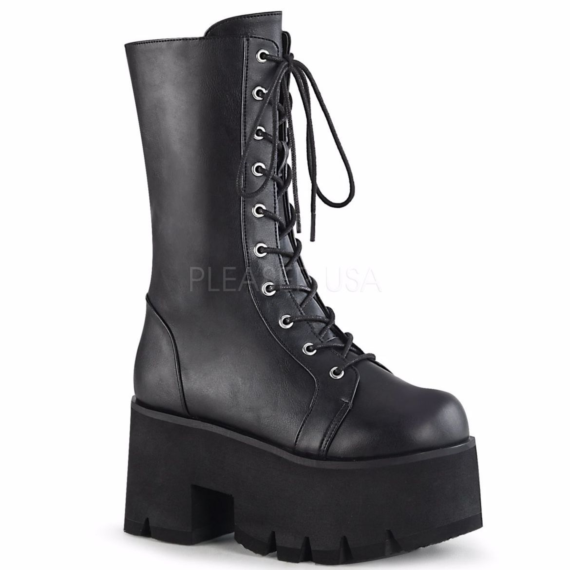 Product image of Demonia ASHES-105 Black Vegan Faux Leather 3 1/2 inch (9 cm) Chunky Heel 2 1/4 inch (5.7 cm) Platform Lace-Up Mid-Calf Bt Side Zip