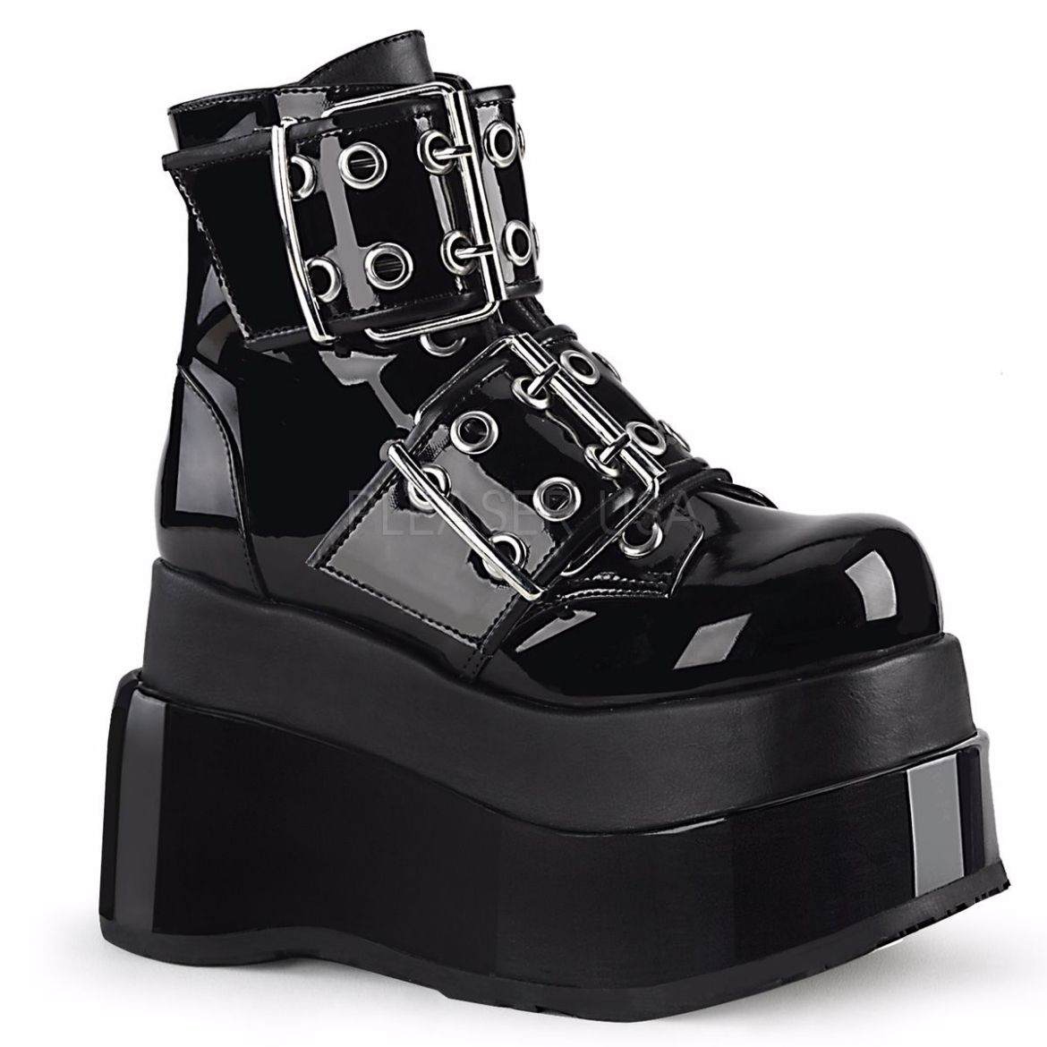 Product image of Demonia BEAR-104 Black Patent-Vegan Faux Leather 4 1/2 inch Tiered Platform Lace-Up Ankle Boot Side Zip