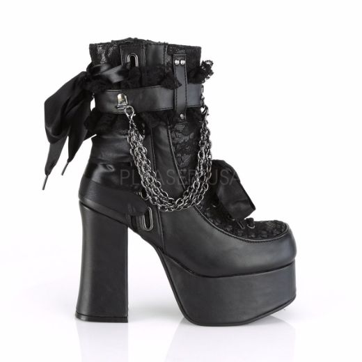 Product image of Demonia CHARADE-110 Black Vegan Faux Leather-Lace Overlay 4 1/2 inch (11.4 cm) Heel 2 inch (5.1 cm) Platform Ankle Boot Side Zip