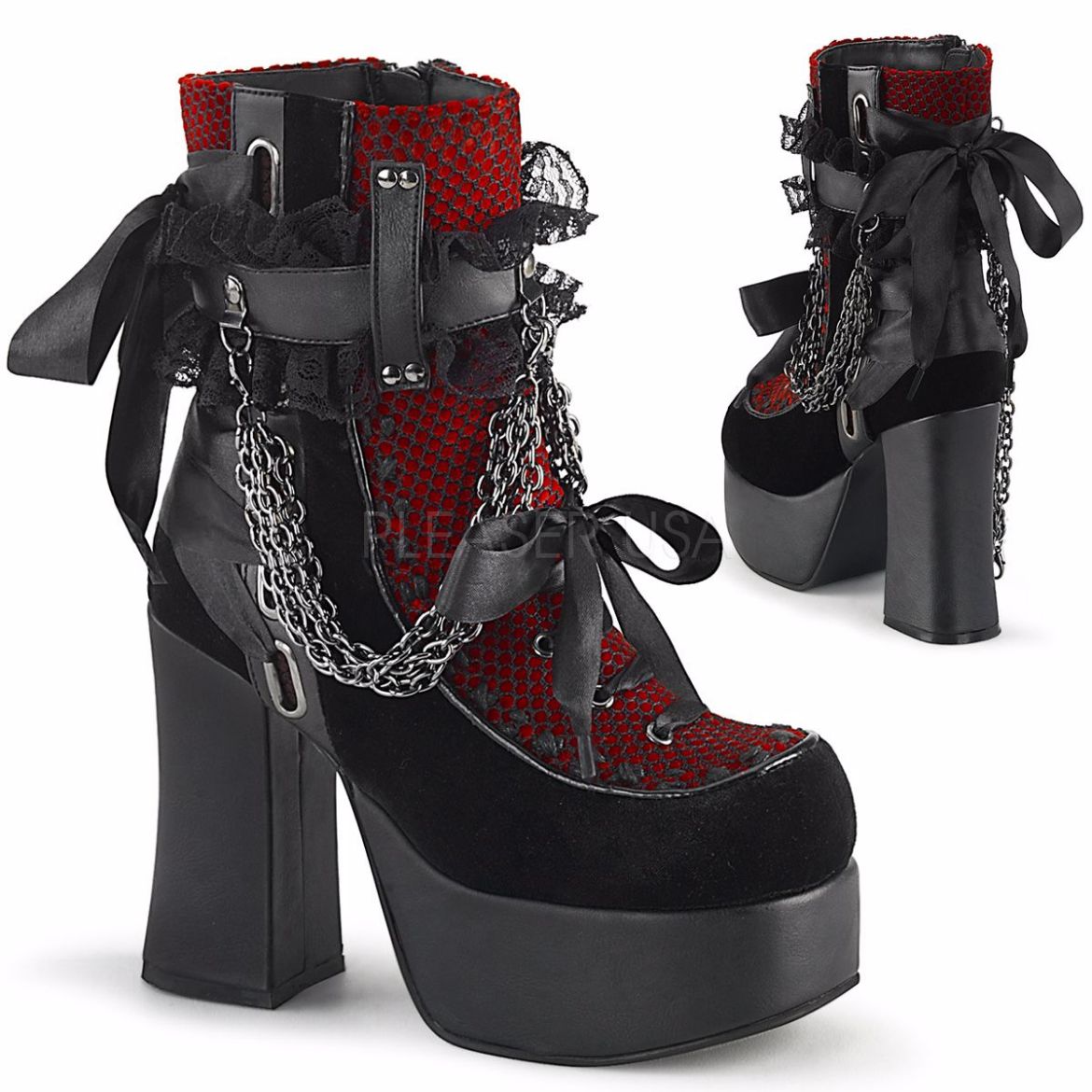 Product image of Demonia CHARADE-110 Black V Faux Leather-Red-Black Velvet-Fishnet Overlay 4 1/2 inch (11.4 cm) Heel 2 inch (5.1 cm) Platform Ankle Boot Side Zip