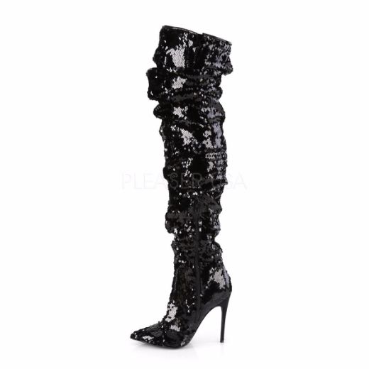 Product image of Pleaser COURTLY-3011 Black Sequins 5 inch (11.6 cm) Ruched Sequins Thigh High Boot 1/3 Side Zip Knee High Boot