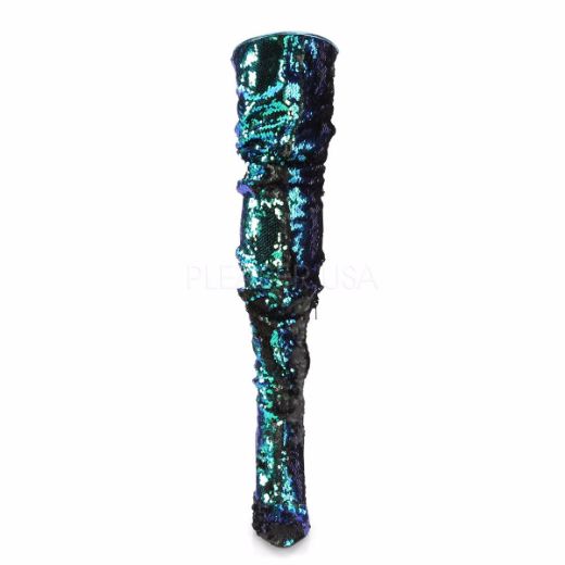 Product image of Pleaser COURTLY-3011 Green Iridescent Sequins 5 inch (11.6 cm) Ruched Sequins Thigh High Boot 1/3 Side Zip Knee High Boot