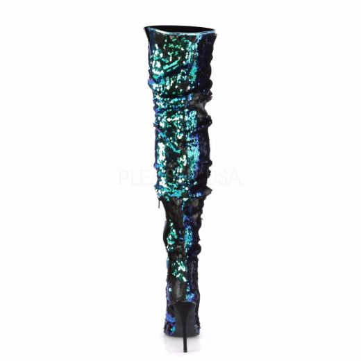 Product image of Pleaser COURTLY-3011 Green Iridescent Sequins 5 inch (11.6 cm) Ruched Sequins Thigh High Boot 1/3 Side Zip Knee High Boot