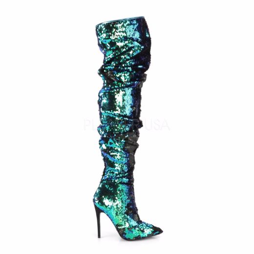 Product image of Pleaser COURTLY-3011 Green Iridescent Sequins 5 inch (11.6 cm) Ruched Sequins Thigh High Boot 1/3 Side Zip Knee High Boot