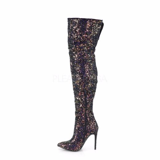 Product image of Pleaser COURTLY-3015 Black Multicolour Glitter 5 inch (11.6 cm) Glitter Thigh High Boot 1/3 Side Zip